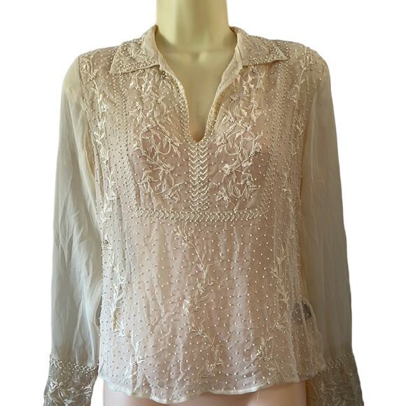 ECI Cream Silk Beaded Blouse Sheer Fancy Woman Size Small Boho Fairy - Picture 1 of 10